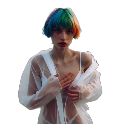 jacket, dress, creature, jewelry, cyberpunk, vaporwave, concept art, photorealistic transparent PNG cut-out