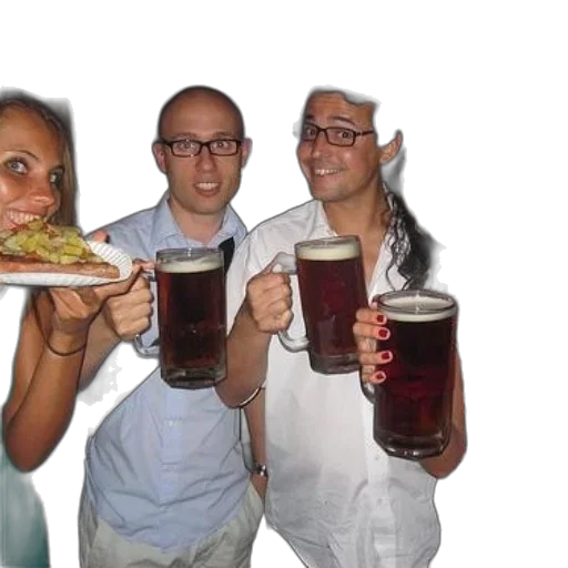 food, staff, four, people, holding, beer, mugs, one transparent PNG cut-out