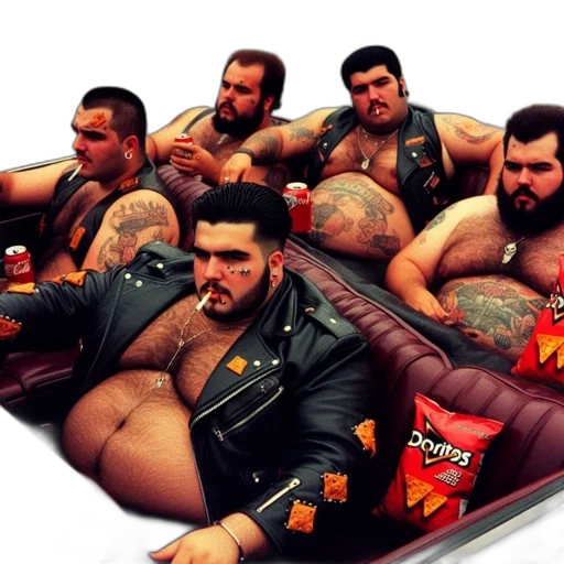 concept art, five, shirtless, men, leather, jackets, sit, car transparent PNG cut-out