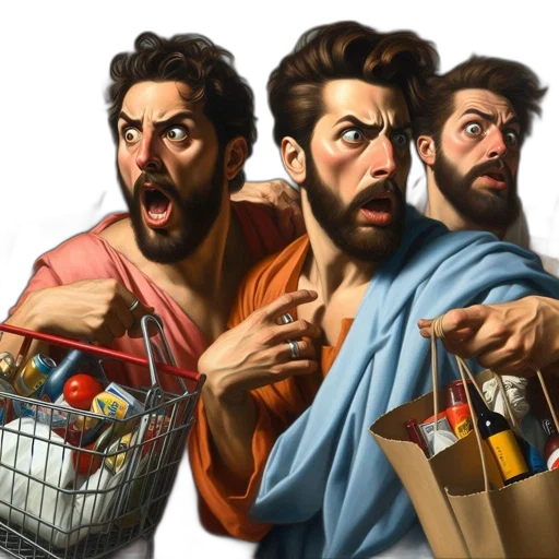 concept art, comic book art, photorealistic, oil painting, three, men, hurry, each transparent PNG cut-out