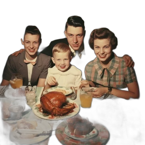 food, family, four, vintage, clothing, gathers, around, table transparent PNG cut-out