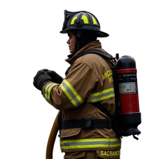staff, jacket, weapon, hat, fire, firefighter, full, gear transparent PNG cut-out