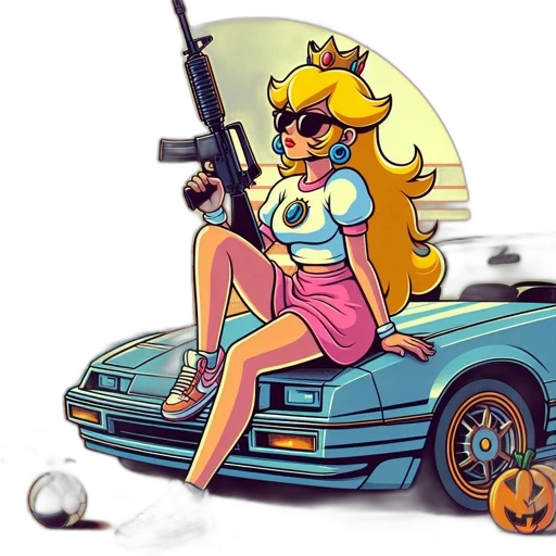 car, weapon, pixel art, concept art, vaporwave, cartoon, animated, female transparent PNG cut-out