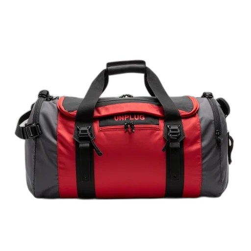 red, grey, duffel, bag, black, handle, zipper, displayed transparent PNG cut-out