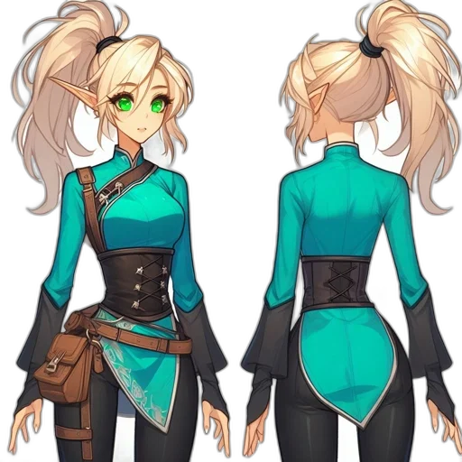 jacket, dress, staff, concept art, fantasy art, pixel art, anime, green transparent PNG cut-out