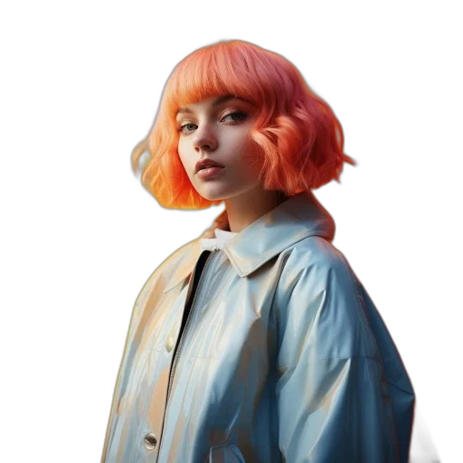 jacket, hair, face, dress, photorealistic, concept art, vaporwave, oil painting transparent PNG cut-out