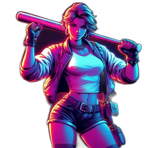 weapon, jacket, staff, comic book art, pixel art, cyberpunk, concept art, neon lights transparent PNG cut-out