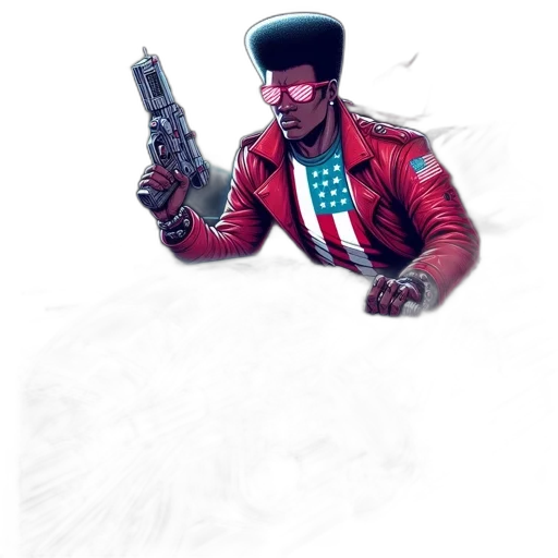 jacket, weapon, staff, face, concept art, comic book art, pixel art, photorealistic transparent PNG cut-out