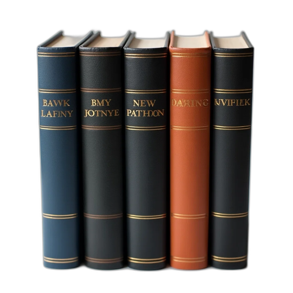 3d render, collection, five, hardcover, books, black, covers, gold transparent PNG cut-out
