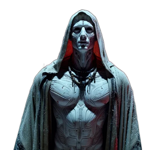mask, face, jacket, comic book art, concept art, 3d render, cyberpunk, eerie transparent PNG cut-out