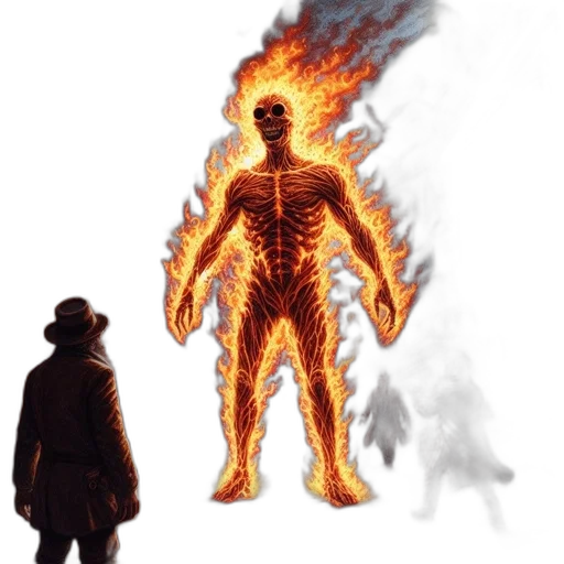 jacket, creature, concept art, comic book art, pixel art, fire, colossal, flaming transparent PNG cut-out