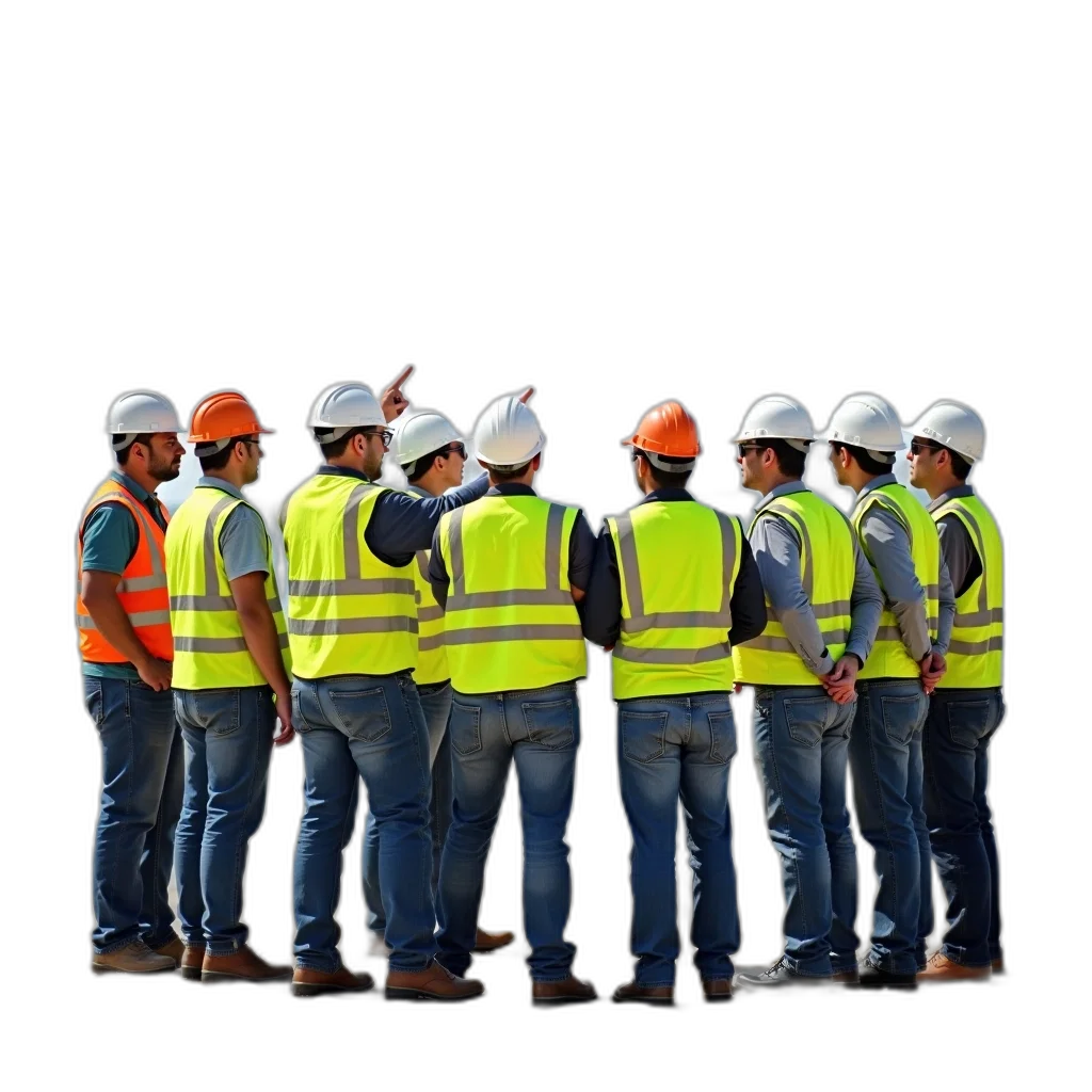 staff, jacket, 3d render, group, construction, workers, wearing, high-visibility transparent PNG cut-out