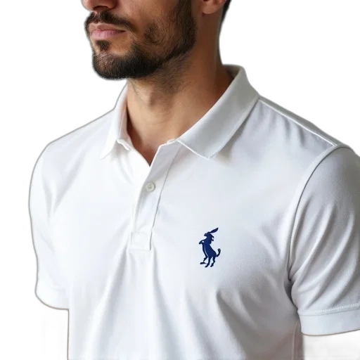 staff, man, wearing, white, polo, shirt, blue, logo transparent PNG cut-out