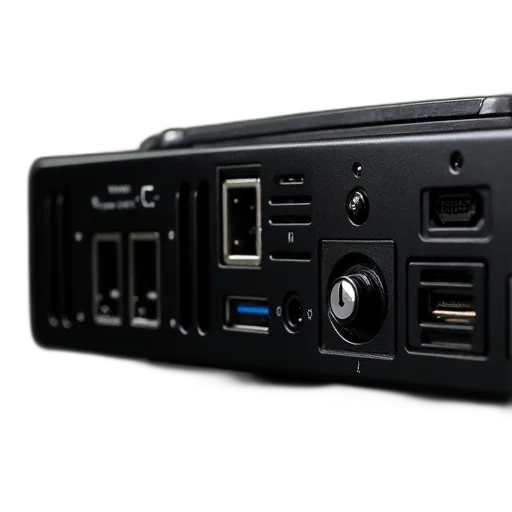 3d render, close-up, computer, back, panel, various, ports, connectors transparent PNG cut-out