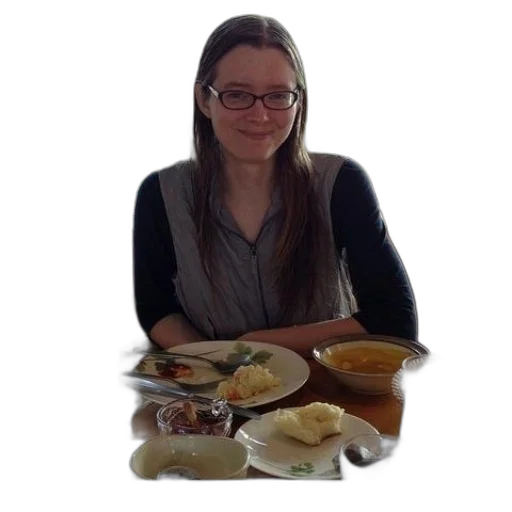 food, staff, woman, sits, table, plate, bowl, soup transparent PNG cut-out
