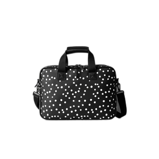 black, white, patterned, laptop, bag, zipper, closure, strap transparent PNG cut-out