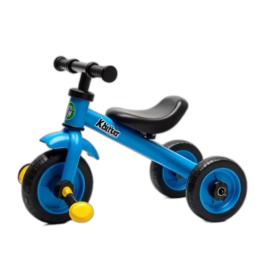3d render, blue, children, tricycle, black, seat, handlebars, displayed transparent PNG cut-out