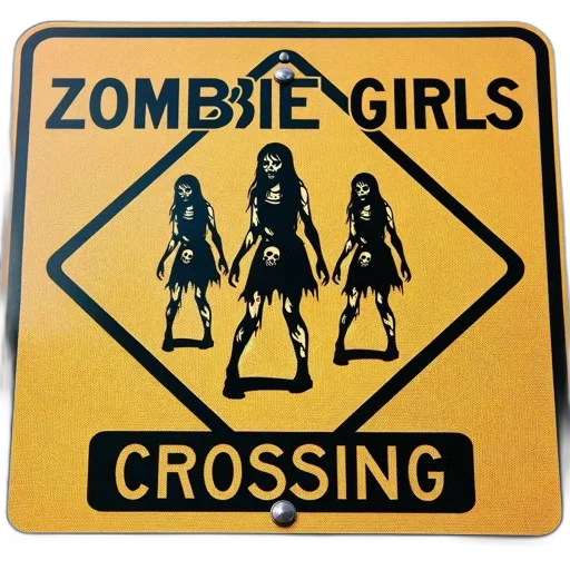 yellow, diamond-shaped, signboard, warns, zombie, girls, crossing, three transparent PNG cut-out