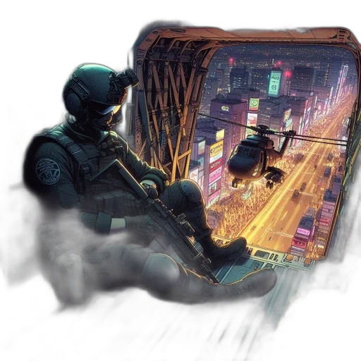 robot, jacket, umbrella, weapon, cyberpunk, concept art, comic book art, pixel art transparent PNG cut-out