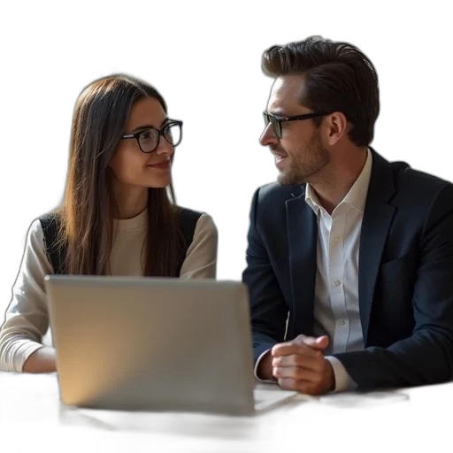 man, woman, seated, table, laptop, front, them, wearing transparent PNG cut-out