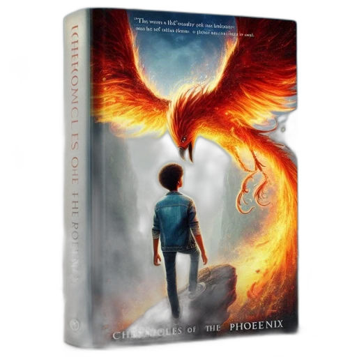 fire, young, boy, stands, before, soaring, phoenix, illustrated transparent PNG cut-out