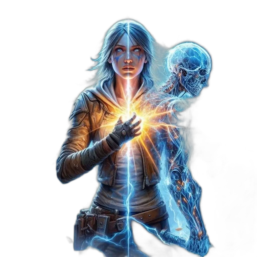 jacket, concept art, comic book art, fantasy art, cyberpunk, neon lights, fire, blue transparent PNG cut-out