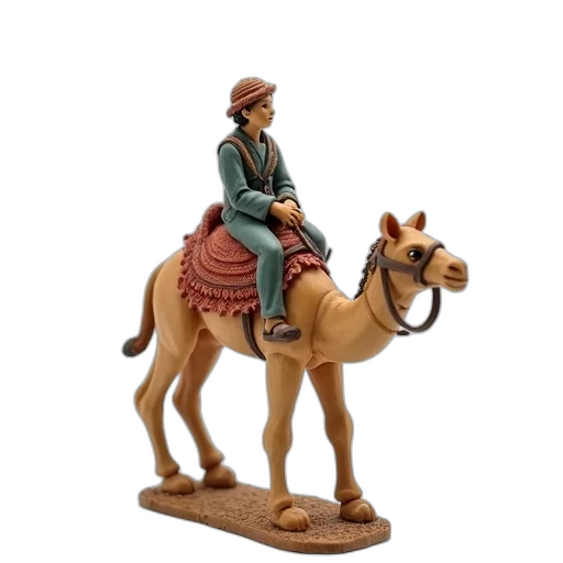 3d render, photorealistic, concept art, detailed, clay, figurine, camel, rider transparent PNG cut-out