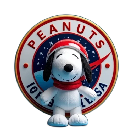 plush, toy, snoopy, dressed, astronaut, standing, front, circular transparent PNG cut-out
