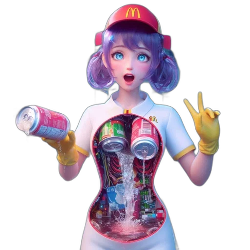 robot, food, bottle, dress, vaporwave, concept art, 3d render, cyberpunk transparent PNG cut-out