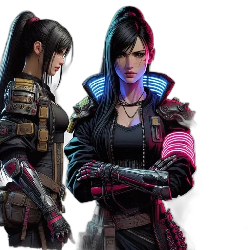 cyberpunk, concept art, fantasy art, 3d render, dark, three, female, characters transparent PNG cut-out