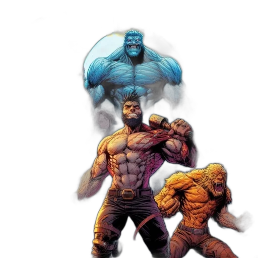 comic book art, concept art, fantasy art, pixel art, blue, group, superheroes, monsters transparent PNG cut-out