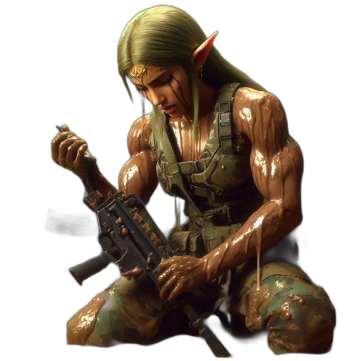weapon, concept art, fantasy art, cyberpunk, pixel art, elf-eared, woman, wielding transparent PNG cut-out