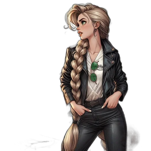hair, jacket, staff, concept art, fantasy art, comic book art, cartoon, green transparent PNG cut-out