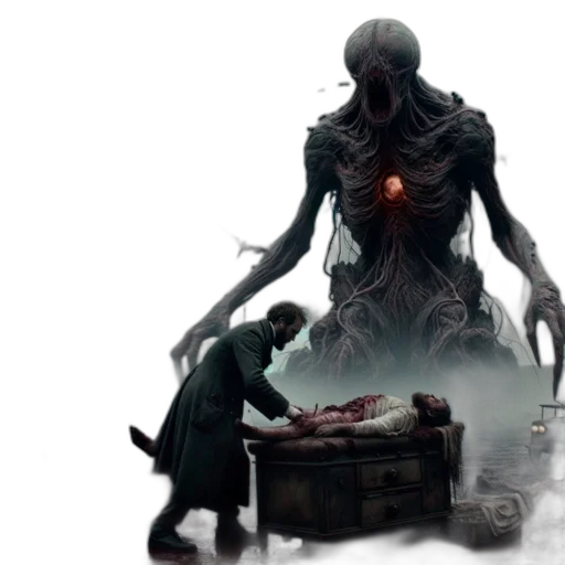 creature, robot, concept art, fantasy art, fog, fire, dark, desolate transparent PNG cut-out