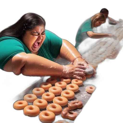 food, creature, 3d render, inside, factory, woman, green, shirt transparent PNG cut-out