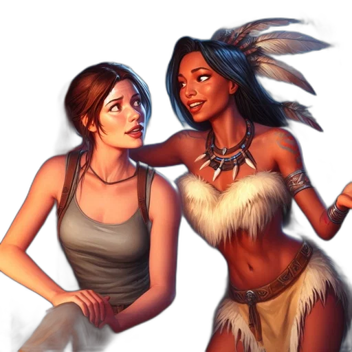 concept art, fantasy art, comic book art, pixel art, fire, earth tones, two, women transparent PNG cut-out