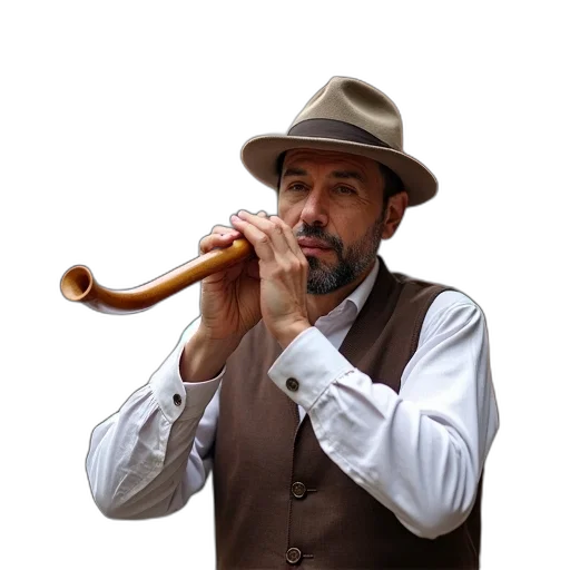 staff, photorealistic, man, playing, traditional, wind, instrument, possibly transparent PNG cut-out
