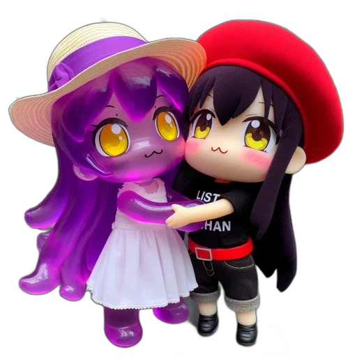 hat, 3d render, concept art, anime, cartoon, two, characters, translucent transparent PNG cut-out