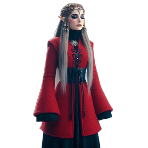 dress, staff, jacket, jewelry, 3d render, concept art, fantasy art, photorealistic transparent PNG cut-out