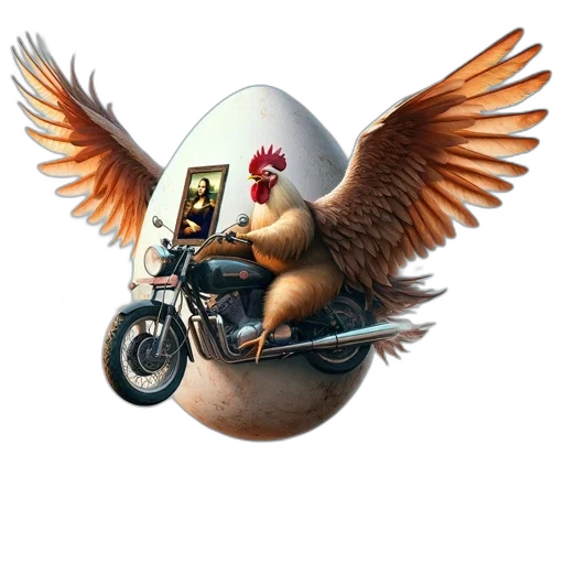 concept art, 3d render, photorealistic, fantasy art, anthropomorphic, chicken, rides, motorcycle transparent PNG cut-out