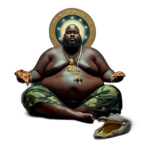 concept art, man, surrounded, water, sits, cross-legged, eating, pizza transparent PNG cut-out