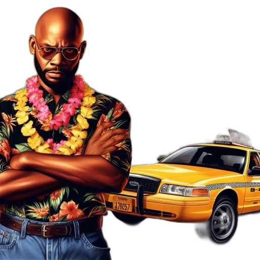 car, concept art, photorealistic, bald, man, floral, shirt, sunglasses transparent PNG cut-out