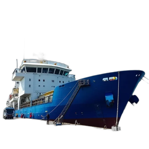 3d render, large, blue, white, cargo, ship, docked, pier transparent PNG cut-out