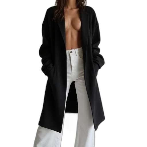 jacket, dress, monochrome, dark, earth tones, person, wearing, long transparent PNG cut-out