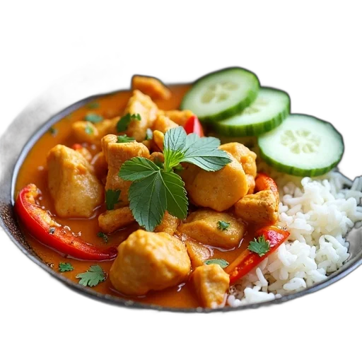 food, bowl, thai, curry, chicken, vegetables, rice, placed transparent PNG cut-out