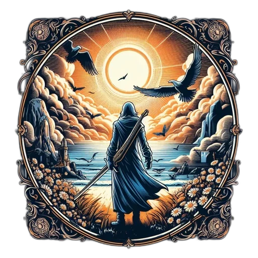 dragon, sword, jacket, fantasy art, concept art, comic book art, pixel art, sunset transparent PNG cut-out
