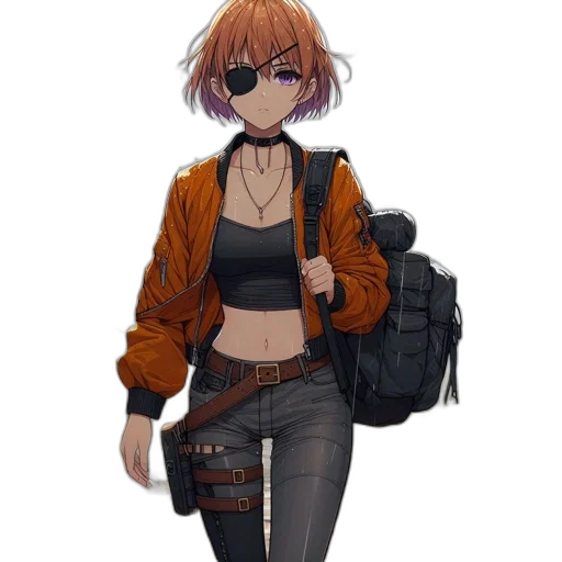 jacket, staff, weapon, dress, concept art, cyberpunk, pixel art, anime transparent PNG cut-out