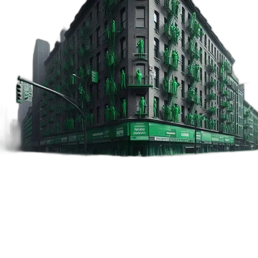 building, furniture, umbrella, 3d render, concept art, cyberpunk, photorealistic, city street transparent PNG cut-out