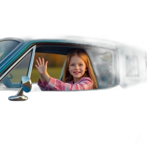 car, photorealistic, 3d render, concept art, girl, driver, waving, blue transparent PNG cut-out
