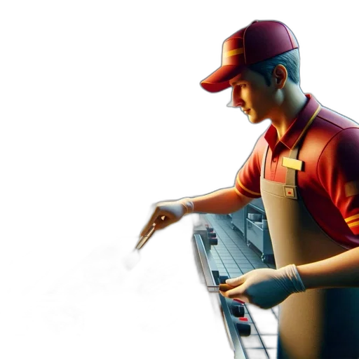 concept art, photorealistic, comic book art, fantasy art, inside, brightly, lit, fast-food transparent PNG cut-out